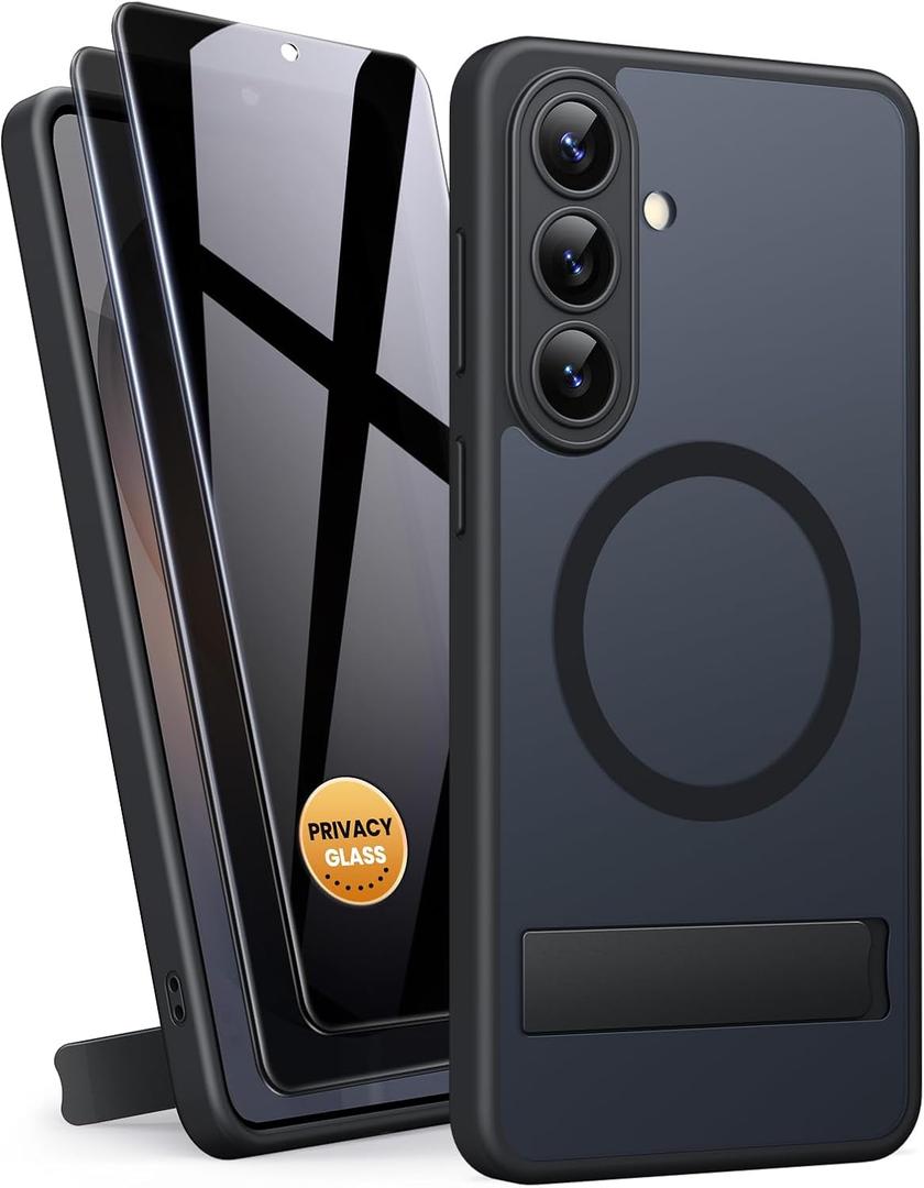 BXYJY for Samsung Galaxy S26 Case with Stand, 2 Privacy Screen Protectors, Compatible with MagSafe, Full Camera Protection, Military Grade Drop, Slim Men Women Shockproof Magnetic Case for S26, Black