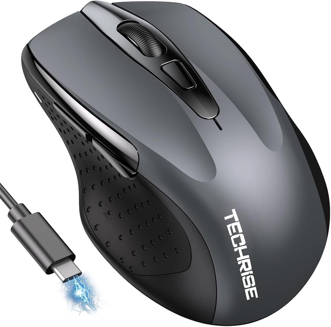 TechRise Bluetooth Mouse (BT5.0/3.0 & 2.4G) Rechargeable Wireless Mouse, 4800 DPI Optical Tracking, 6 Adjustable DPI, 2.4GHz with USB A Receiver, Quiet Clicks, Ergonomic Grips, 6 Buttons - Grey