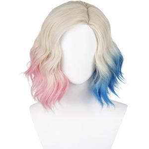 Short Curly Blonde Pink Blue Wave Wig Women's Side Part Costume Wigs Synthetic Hair for Halloween Party