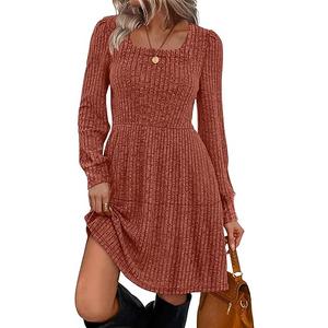 Sampeel Womens Square Neck Long Sleeve Fall Dresses Casual Babydoll Sweater Dress Size, Caramel, L