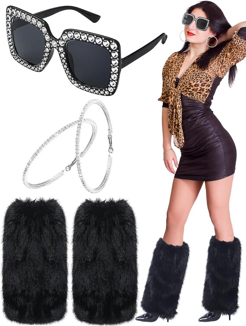 Geyoga 3 Pcs Halloween Reality Television Personality Costume Crystal Rhinestone Hoop Earrings Oversize Square glitter Sunglasses Fur Leg Warmer Short Boot Cuffs Covers Funny Accessories Girls Women