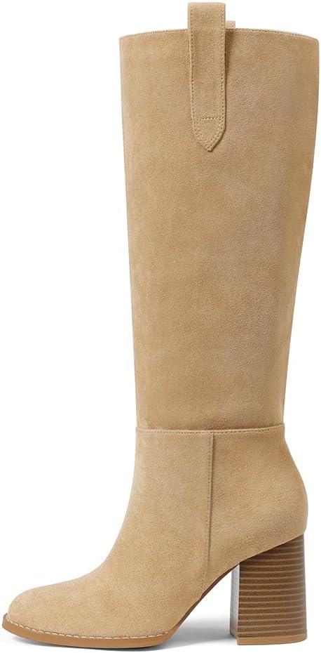 Mattiventon Knee High Boots 2025 Fall Chunky Round Toe Womens Comfortable Trendy Suede Long Dress Boots (9, Apricot)