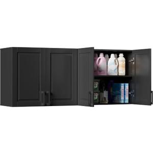 ChooChoo Laundry Room Cabinets, 3 Doors Wall Mounted Storage Cabinet, Kitchen Wall Storage, Bathroom Wall Cabinet, Black