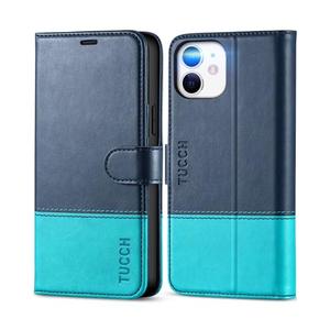 TUCCH Case Wallet for iPhone 12/iPhone 12 Pro 5G, RFID Blocking Card Slot PU Leather Stand Magnetic Folio Cover with TPU Protective Interior Shell Compatible with iPhone 12/12 Pro, Dark Blue&Lake Blue