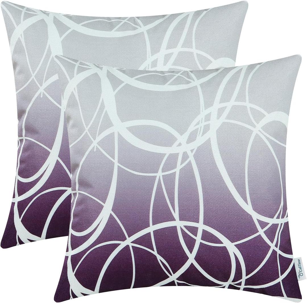 CaliTime Pack of 2 Soft Canvas Throw Pillow Covers Cases for Couch Sofa Home Decor Modern Gradient Ombre Circles Rings Both Sides 18 X 18 Inches Gray to Deep Purple