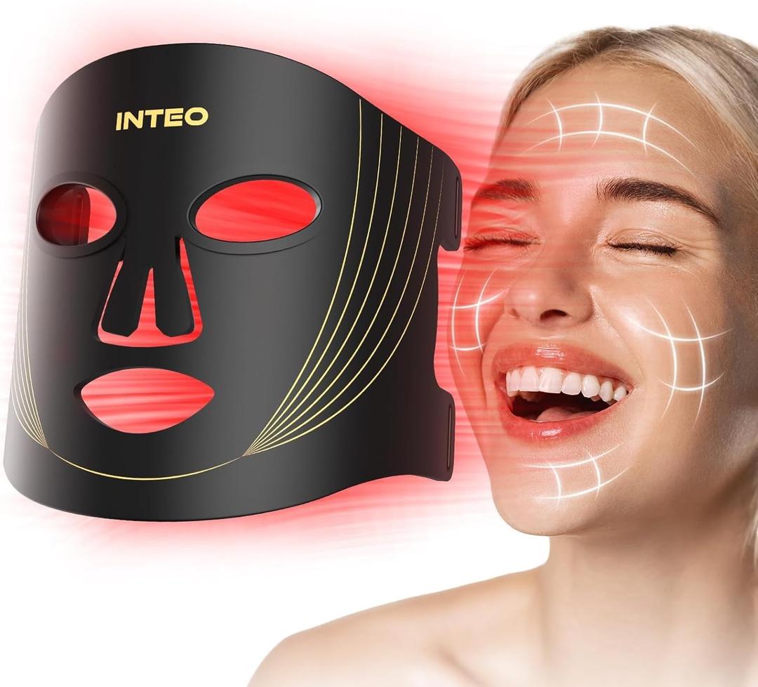 INTEO Red Light Therapy for Face, 3 Modes Portable Led Face Mask Light Therapy with Remote, Near-infrared 850 Red Light Mask with Timing Function, Led Light Therapy At Home 180 LED Beads, Black Golden