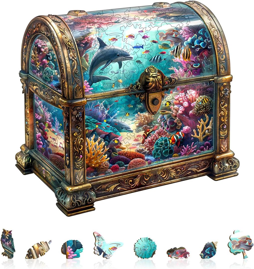 Wooden Puzzles for Adults, Treasure Chest Ocean Wooden Jigsaw Puzzle Unique Shape Animal Wood Puzzles Adult 3D Visual Effect, Birthday Gifts for Puzzle Lovers Family Games (M-11.4 * 11in-190pcs)