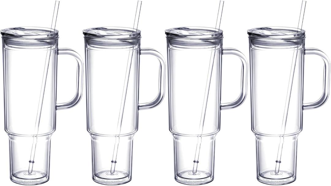 MEWAY 40 oz Tumbler with Handle and Straw LidDouble Wall Vacuum Reusable plastic Water Bottle Travel Mug CupClassic Acrylic Tumblers Cupholder Friendly (4 Pack) (Transparent)