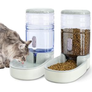 Automatic Dog Cat Feeder and Water Dispenser Gravity Food Feeder and Waterer Set with Pet Food Bowl for Small Medium Dog Puppy Kitten, Large Capacity 1 Gallon x 2(Grey)
