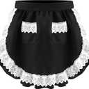 Geyoga Aprons for Women with Pockets Kitchen Cooking Waitress Maid Apron Vintage Skirt Cute Ruffle Dress Costume(Black,Lace Waist Style)
