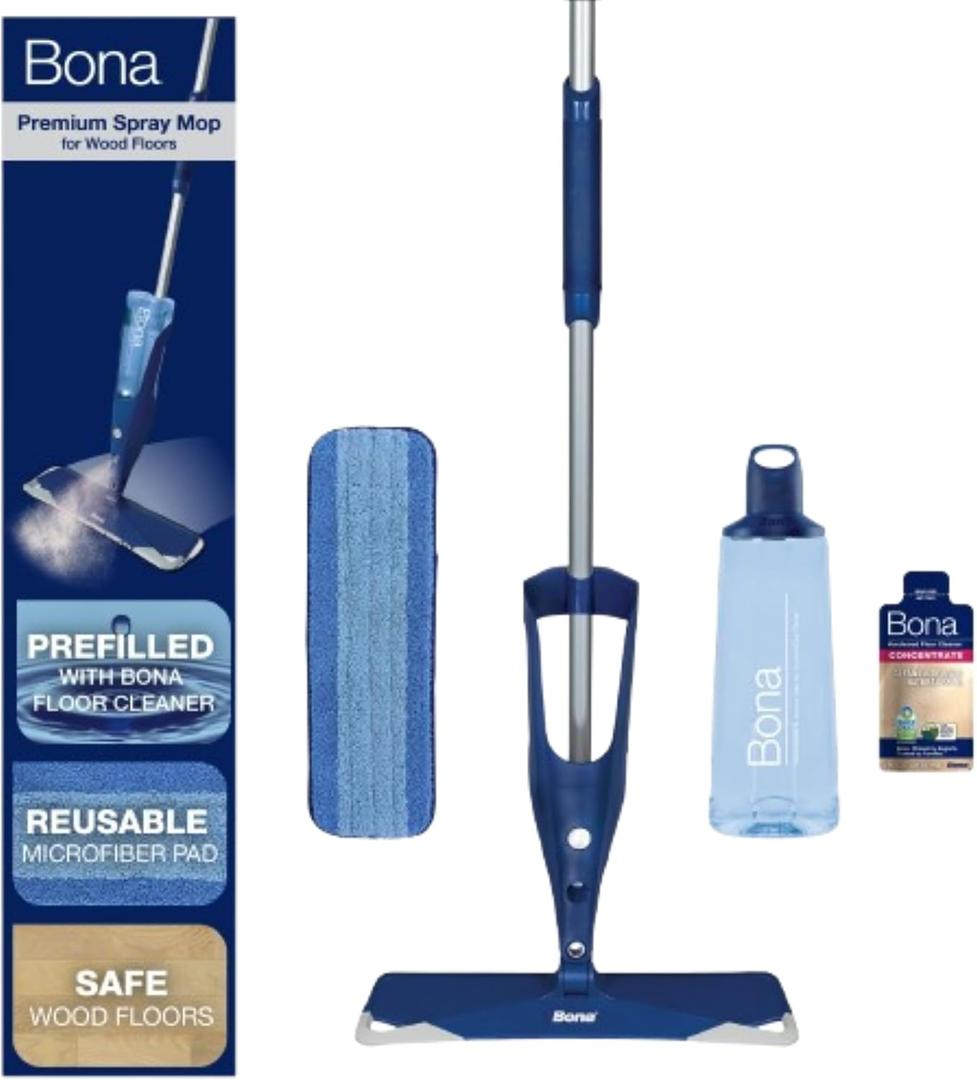 Bona Hardwood Floor Premium Spray Mop - Includes Wood Floor Cleaning Concentrate and Machine Washable Microfiber Cleaning Pad - Dual Zone Cleaning Design for Faster Cleanup