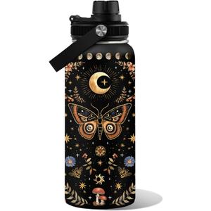 Orange Butterfly Moon Flower Water Bottle 32oz, Boho Aesthetic Stainless Steel Tumbler With Lid, Double Wall Vacuum Insulated Vintage Coffee Travel Cup, Christmas Birthday Gift for Women Girls