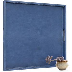 30x30 inches Leather Ottoman Serving Tray with Hole Handles, Square Extra Large Modern Service Tray for Living Room, Coffee Table, Bed, Tea, Food, Butler Countertop, Kitchen, Dinner, Picnic (Blue)