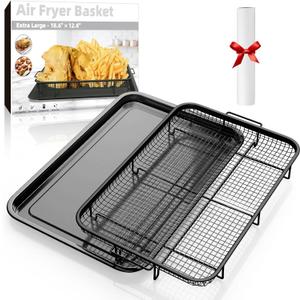 Air Fryer Basket for Oven, Extra Large 18.8" x 12.8" Oven Air Fryer Basket and Tray Set with 30 PCS Parchment Papers, DEGOVIN Stainless Steel Oven Pan and Crisper Tray (Black)