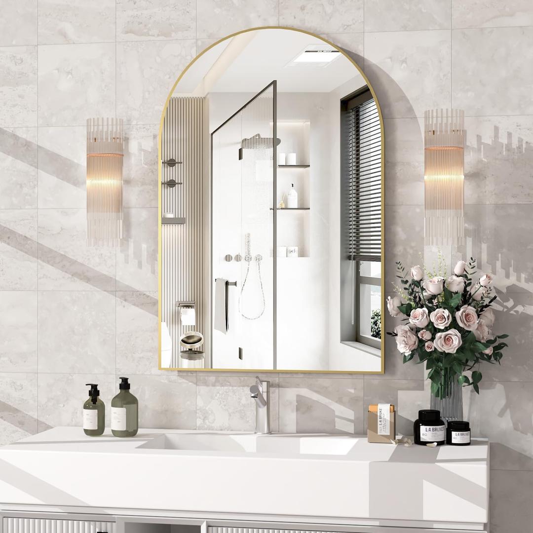 Wall Mounted Mirror, Arched Wall Mirror for Bathroom, 24"x36" Arch Bathroom Mirror with Metal Frame, Gold Vanity Mirror Decor for Mantle, Bedroom, Entryway, Living Room