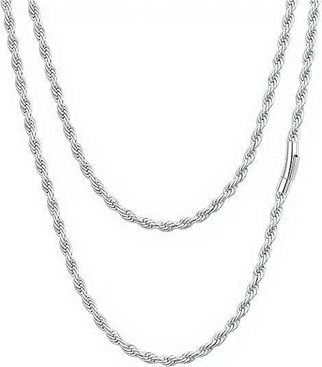 Twist Chain Necklace 2/3/5/8MM Braided Rope Chain Necklace for Men Stainless Steel Rope Jewelry for Men & Women Rope Chain for Pendant 18/20/22/24 Inch with Delicate Gift Box