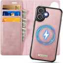 PlusnapX Wallet Case for iPhone 16 Compatible with Magsafe, 2-in-1 PU Leather Flip RFID Blocking Card Holder Stand Shockproof Magnetic Detachable Cover for iPhone 16 Case 6.1", Pink