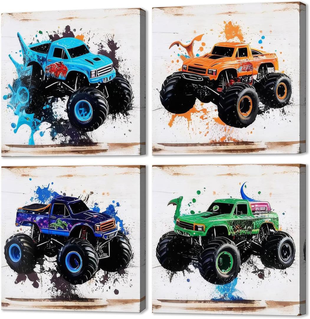 The Mode Art Monster Truck Wall Art 4 Pieces Prints for Kids Rooms Home Decor Canvas Artwork Painted truck Theme Photos Wall Decor in the Boy's Bedroom Each Size: 12"x12"