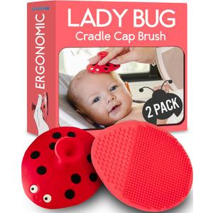 2 x SplashEZ Cradle Cap Brush for Babies | Soothing Newborn Head Massager | Food-Grade Soft Silicone Baby Bath Brush & Scalp Scrubber | Infant Cradle Cap Comb - Organic Shape & Ladybug Design, 2-Pack