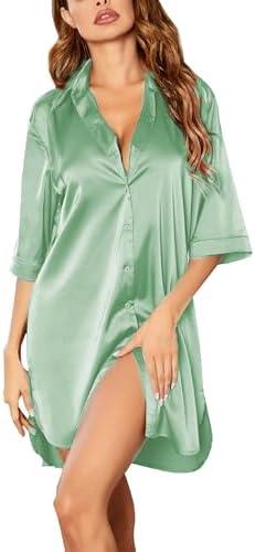 Ekouaer Women's Satin Nightshirt Button Down Sleepshirt Silk 3/4 Sleeve Nightgown Boyfriend Notch Collar Sleepwear M