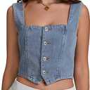 Springcmy Womens Denim Vest Sleeveless Square Neck Button Down Jean Waistcoat Jacket Y2K Summer Bustier Crop Tops Streetwear, Medium, B-Blue