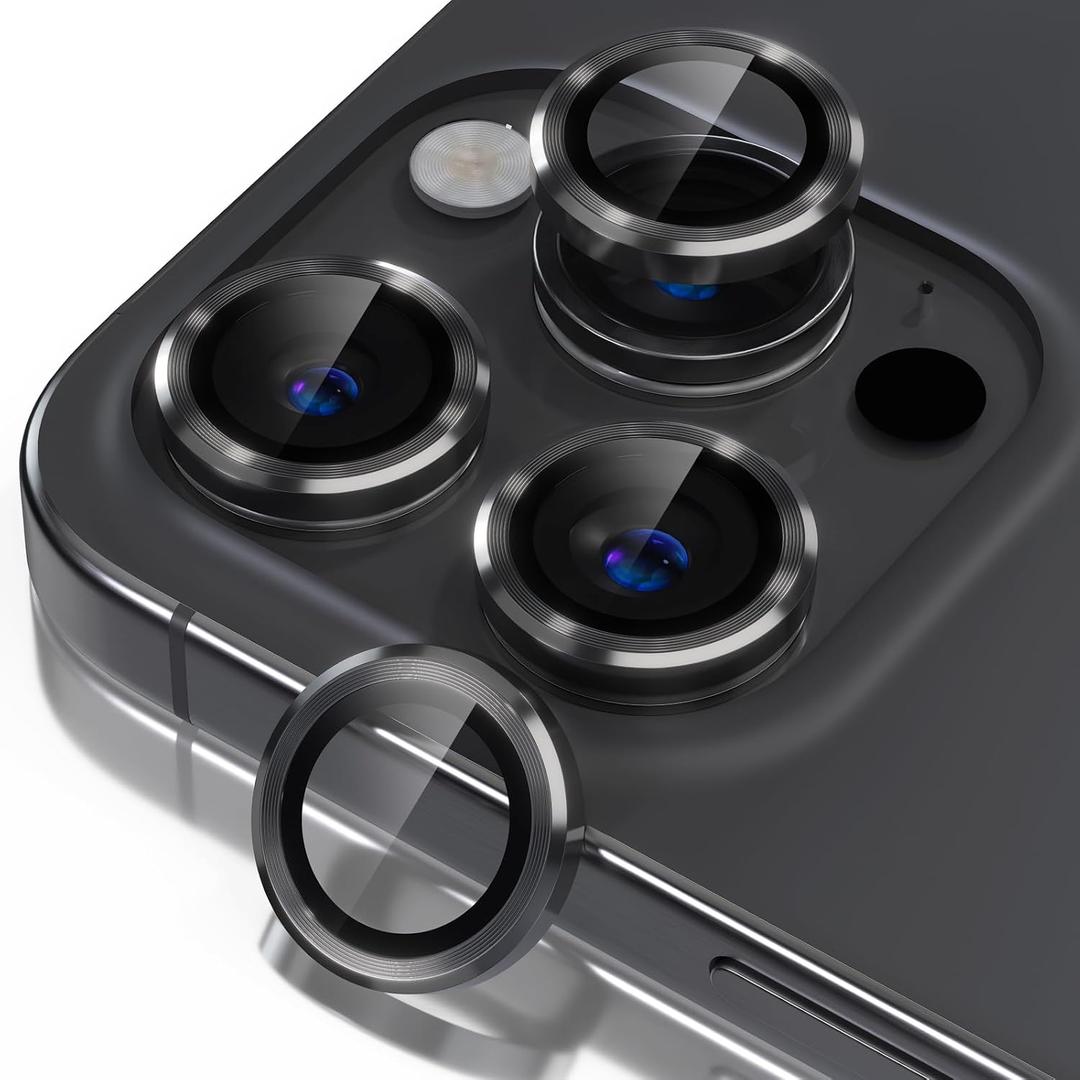 Misea Compatible for iPhone 16 Pro/iPhone 16 Pro Max Camera Lens Protector, Ultra-HD Tempered Glass Camera Cover Screen Protector Metal Individual Ring Protector Decoration Accessories, Black
