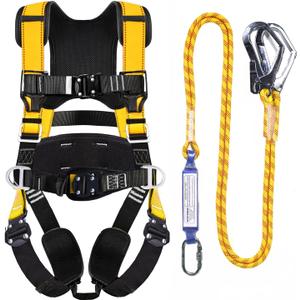 Fall Protection Premium Safety Harness with Shock Absorbing Lanyard, Vented & Padded Shoulder, Legs & Back - Upgrade 4 Quick Buckles (Yellow)