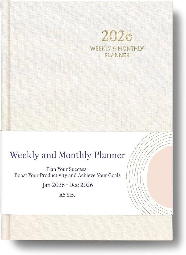 2026 Planner - Weekly and Monthly Planner, January 2026 - December 2026, Linen Hardcover, 2026 Calendar Planner Book with Tabs, Aesthetic, Perfect for Office Home School Supplies (Beige, A5)