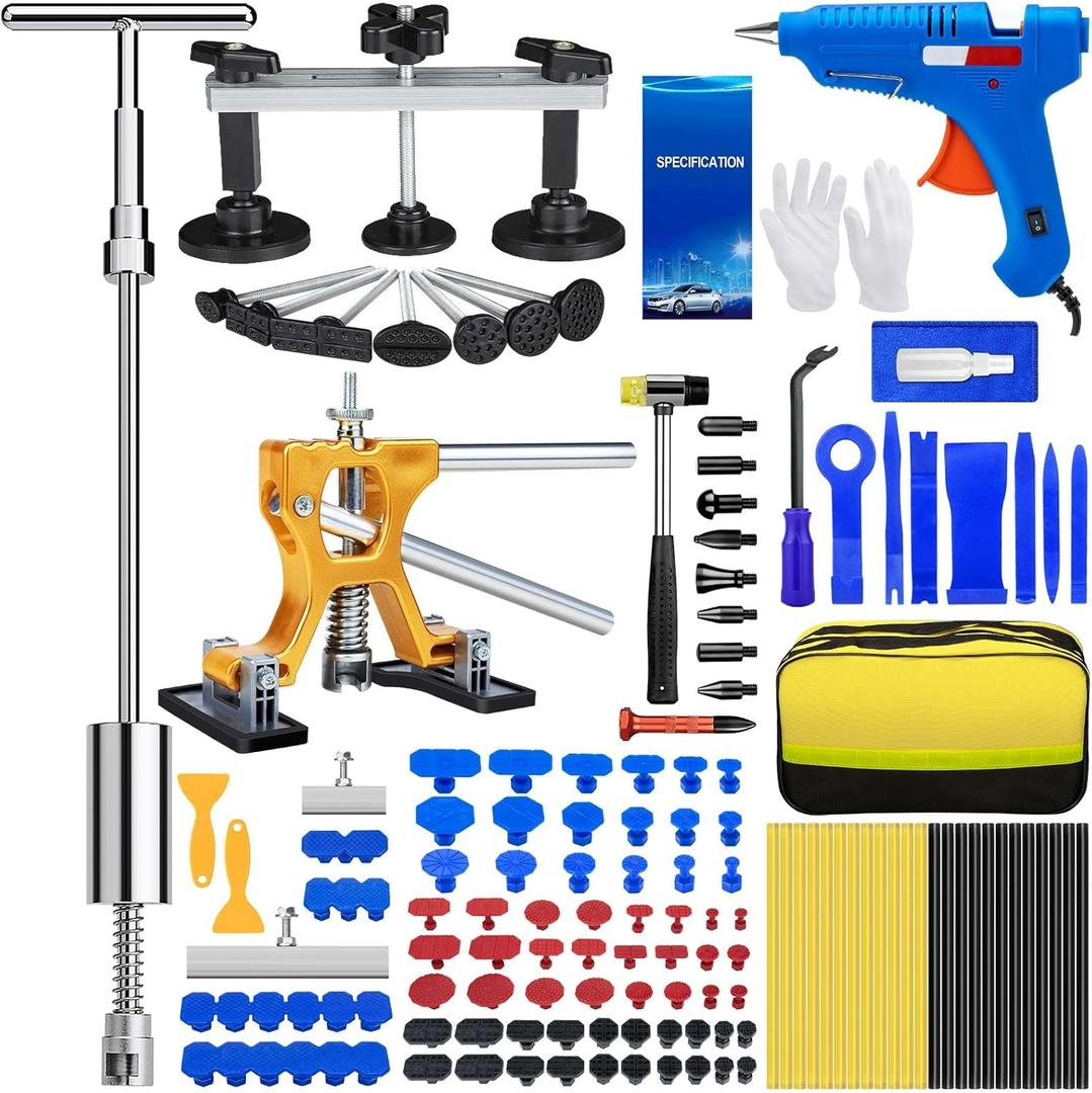 134Pcs Car Dent Puller Kit, Paintless Dent Removal Tool Kit with 3 in 1 T-bar Slide Hammer & Bridge Puller & Golden Lifter, Dent Repair Kit for Car Hail Damage Large Small Dent Fast Removal