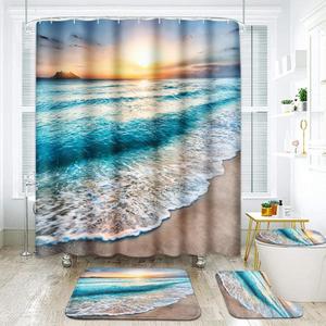 ArtSocket 4 Pcs Shower Curtain Set Beautiful Sunrise Over Sea Beach Sunny Sunset Marine Natural with Non-Slip Rugs Toilet Lid Cover and Bath Mat Bathroom Decor Set 72" x 72"
