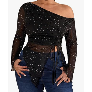 RoseSeek Women's Plus Size Sheer Mesh Off Shoulder Tops Long Sleeve Drawstring Asymmetrical Hem Ruched T Shirt, 5XL