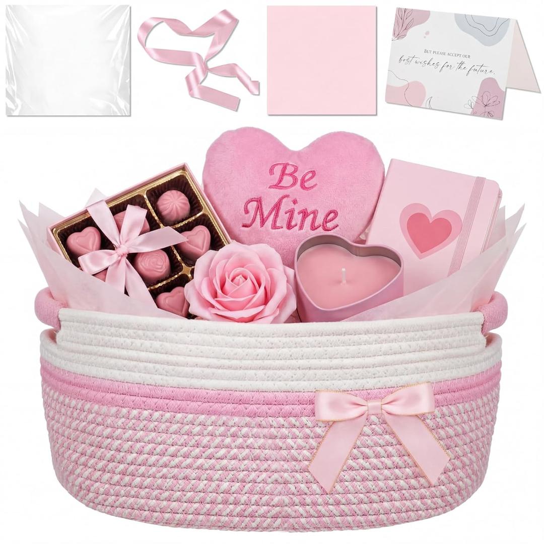 Colingmill Graduation Woven Gift Basket with Bags and Ribbons, Graduation Empty Gift Basket, Thank You Card & 2 Tissue Papers, 14x10x6.5in Baskets for Wedding Birthday(Pink,14 * 10 * 6.5 Inch)
