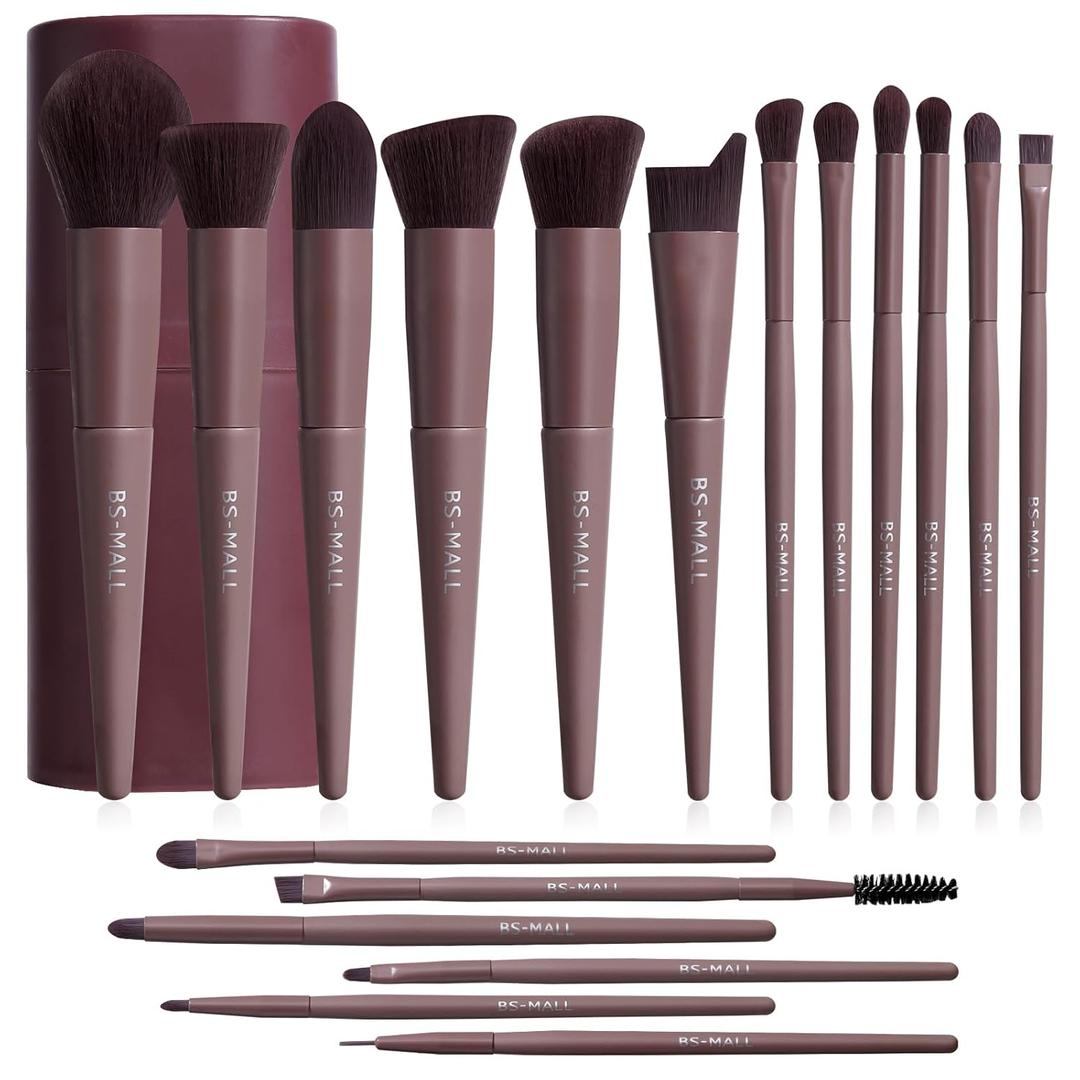 BS-MALL Makeup Brush Set 18 Pcs Premium Synthetic Foundation Powder Concealers Eye shadows Blush Makeup Brushes with black case (D-Brown)