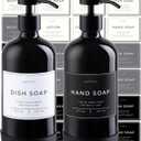 Hand and Dish Soap Dispenser for Kitchen and Bathroom, Set of 2 16 Oz Glass Bottles, Stainless Steel Pumps, Non-Slip Silicone Base, 27 Waterproof Labels (Gloss Black Bottle/Black Pump)