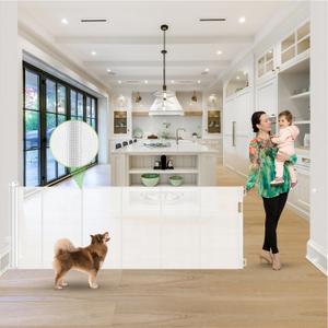 Reinforced 120 Inch Extra Long Retractable Baby & Dog Gate with Support Rods Prevents Crawling Under, 10 Ft Wide for Large Openings, Indoor/Outdoor Gate, White
