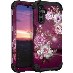 Hocase for Galaxy A16 5G Case, Heavy Duty Shockproof Protection Soft Silicone Rubber Bumper+Hard Plastic Hybrid Protective Case for Samsung Galaxy A16 5G (6.7") 2025 - Burgundy Flowers