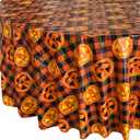 Newbridge Halloween Jack-O-Lantern Vinyl Tablecloth with Flannel Backing, 70 Inch Round, Orange and Black Buffalo Plaid with Spooky Pumpkin Faces, Wipe Clean Halloween Table Cover