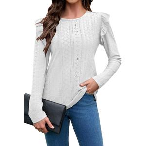 Women Eyelet Tops Casual Ruffle Long Sleeve Shirts Crew Neck Lace Embroidered Blouses Fall Outfits 2025 (White, L)