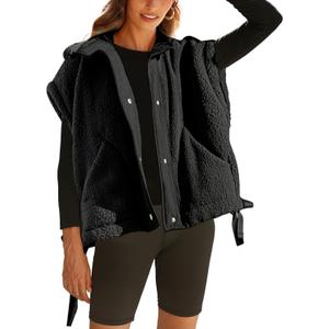 OPCAKM Women's Fuzzy Fleece Vest Oversized Sleeveless Sherpa Jacket Warm Button Down Gilet Outerwear with Pockets (Black,S)