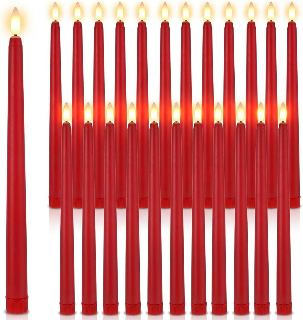 Macarrie 24 Packs Flameless Taper Candles Battery Operated Fake 11 Inch Long Candlelight LED Flameless Candlesticks Flickering Tapered for Spring Summer Wedding(Red)