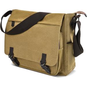 Canvas Vintage Messenger Bag Shoulder bag Large Travel Crossbody bags for Men Women 14 inch Laptop Bag Bookbag Work (Khaki)
