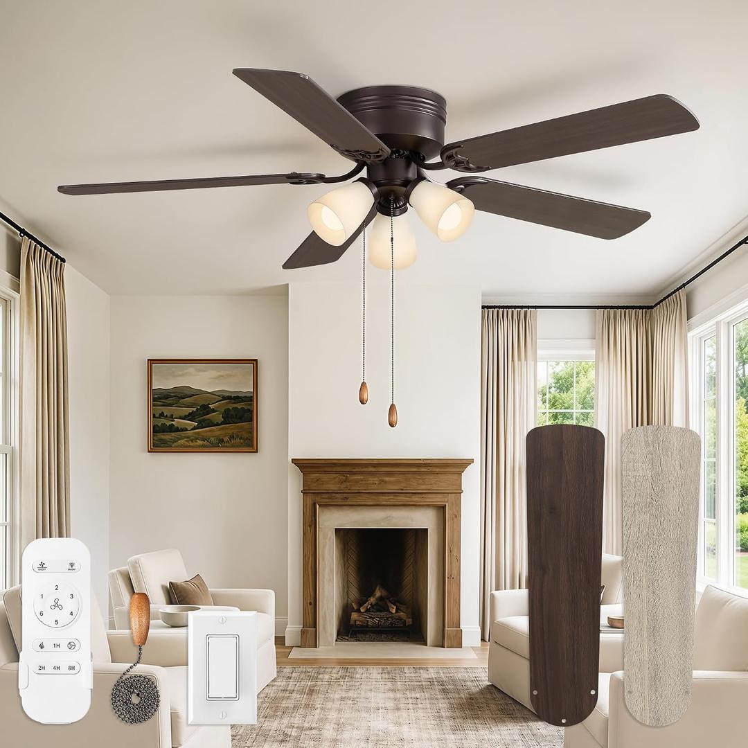 Fanbulous 52" Flush Mount Ceiling Fan with 3 Lights, DC Motor, Oil Bronze