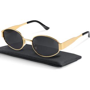 Livho Retro Polarized Sunglasses - UV400 Protection, Oval Shape, Metal Frames - Matching Soft Case Inlcuded