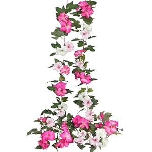 CISDUEO 2Pcs Artificial Vines for Outdoors Silk Morning Glory Garland 11.5Ft Hanging Flowers Plants Fake Petunias Vines for Indoor Home Decor Wall Fence Mantle Stairway Mailbox Rose Red Pink and White