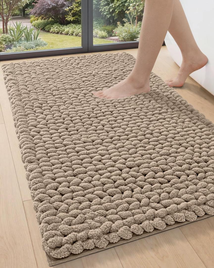 DEXI Bathroom Rugs 24x43, Non Slip Washable Bath Mat, Luxury Chenille Super Absorbent Ultra Thick Bathmats for Shower Floor, Plush Fluffy Shaggy Carpet for Tub, Beige