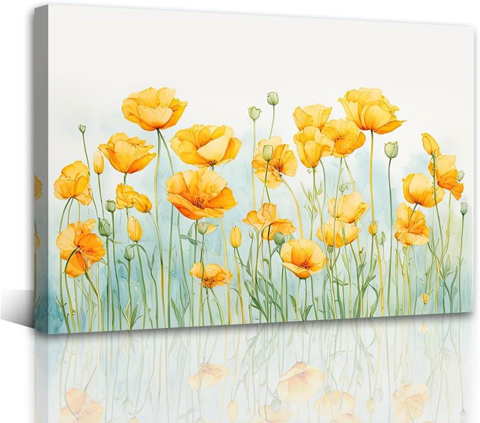 Poppy Wall Art Canvas Prints Yellow Flower Picture Wall Decor Watercolor Floral Wall Paintings for Living Room Bedroom Bathroom Decor Framed (Flower-3, 16.00" x 24.00")