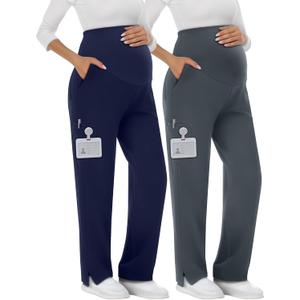 2 Pack Women's Maternity Scrubs Pants with 6 Pockets Pregnancy Workwear Stretchy Straight Leg Cargo Trousers (Large, Dark Grey, Navy Blue)
