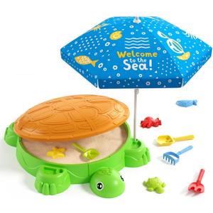 Turtle Sandbox with Lid, Sand Pit with Adjustable Umbrella & 8pcs Beach Toys for Toddler 3-5, Kids Sand Box with Cover Suit for Sensory Playsand, Summer Gifts for Indoor Outdoor Backyard