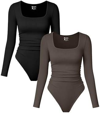 OQQ Womens 2 Piece Bodysuits Long Sleeve Square Neck Ruched Stretch Fitted Bodysuits.XL