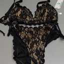 Beachsissi Women's Scolloped V Neck Lace Patchwork Bikini Swimsuits High Waisted 2 Piece Bathing Suits, Black, S